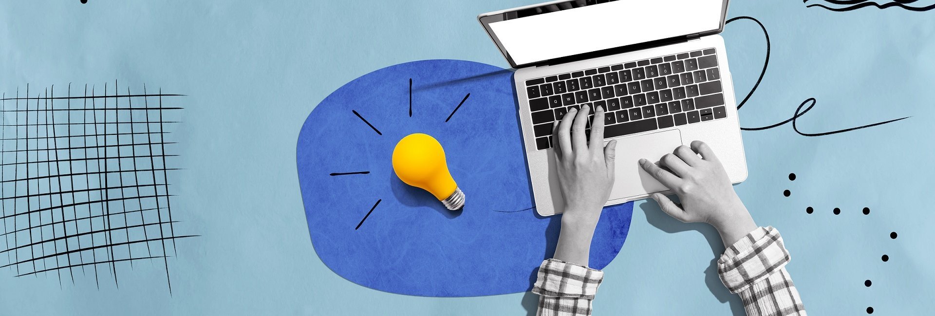 Blauer Banner mit Glühbirne und Laptop