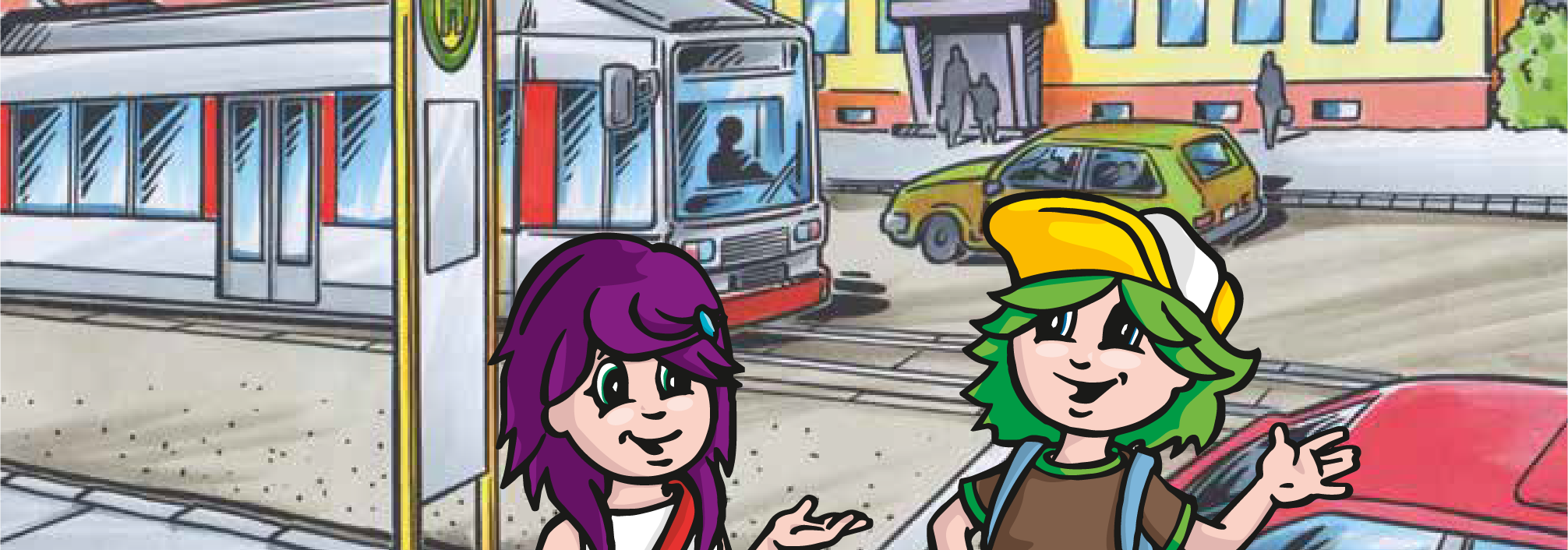 Flo und Tine stehen an einer Haltestelle.