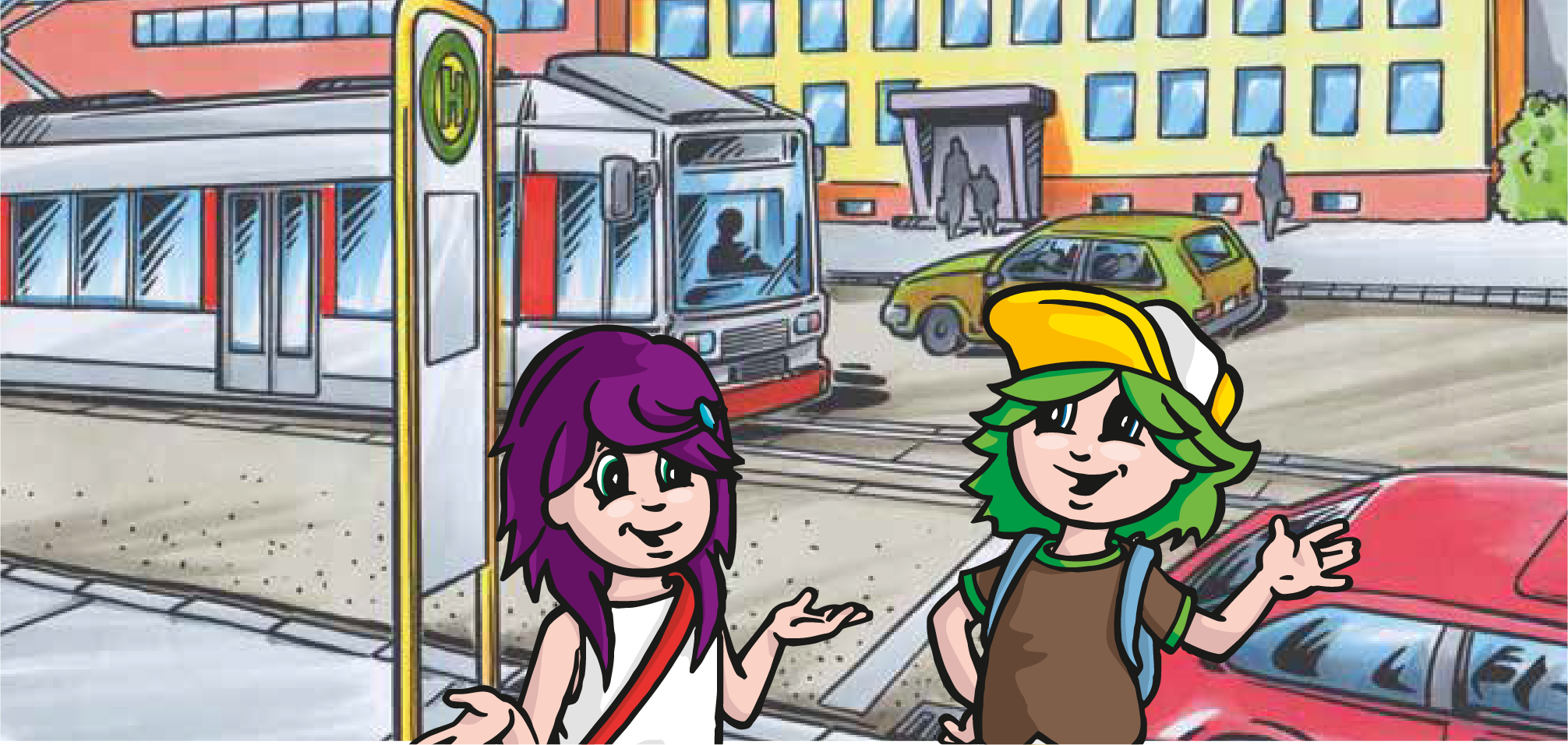 Flo und Tine stehen an einer Haltestelle.